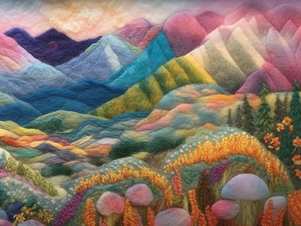 An approximation of a felt tapestry is shown, depicting a mountainous terrain, rolling water, and tall trees, dotted with flowers in an impressionistic style. 