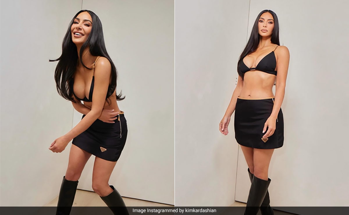 Kim Kardashian’s Prada Bralette And Skirt Combo With Black Boots Is The Perfect Fashion Transition To Spring