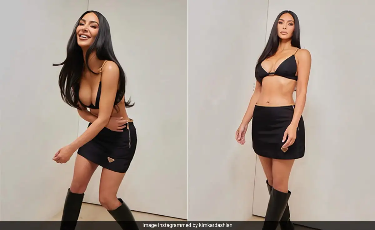 Kim Kardashian's Prada Bralette And Skirt Combo With Black Boots Is The Perfect Fashion Transition To Spring