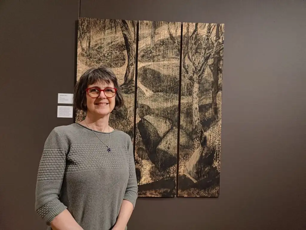 Andrea Packard, CFEVA fellow in 1995, in front her piece ''Midnight Glory.''