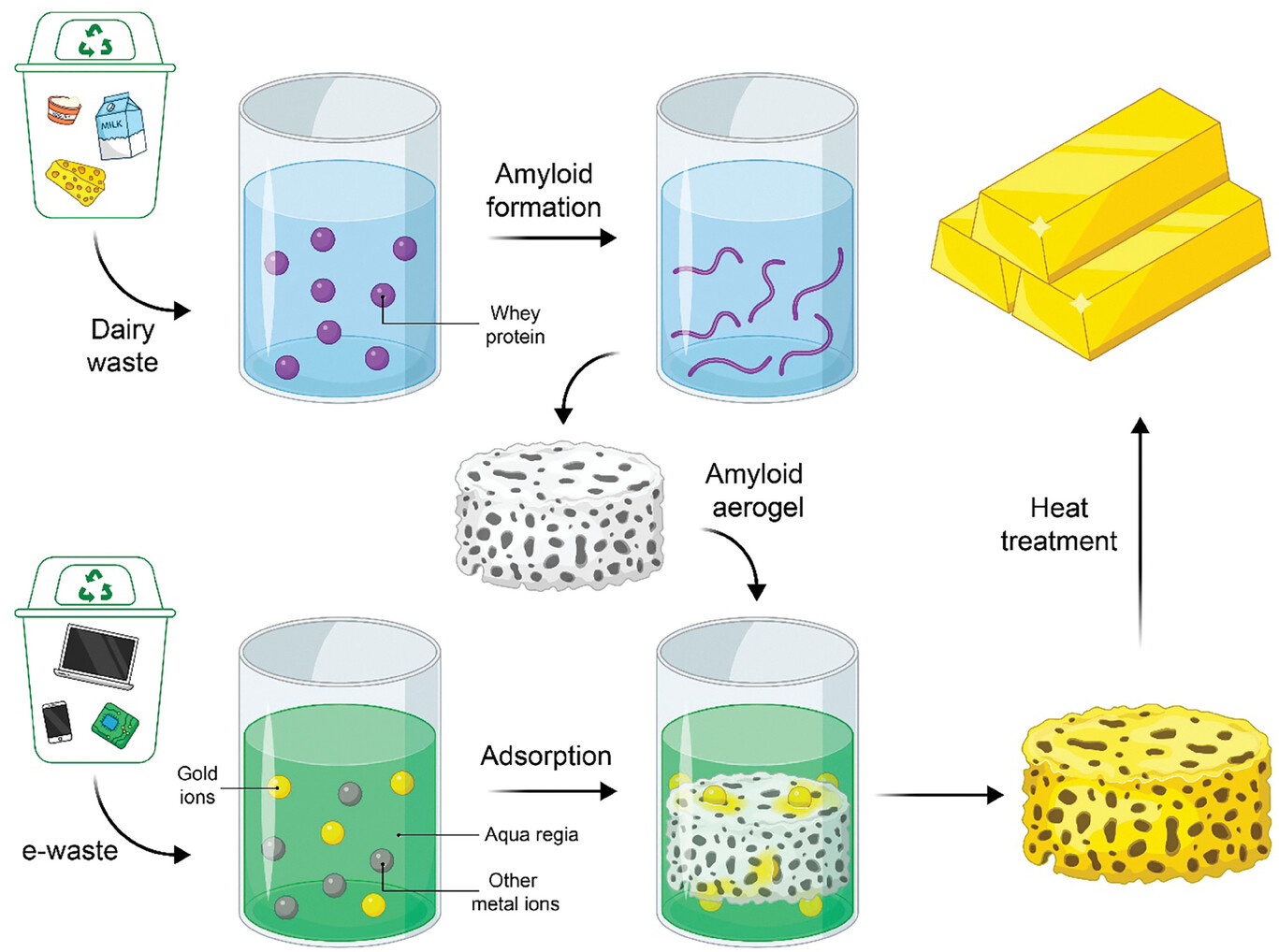 Gold Recovery From E-Waste With Food-Waste Amyloid Aerogels