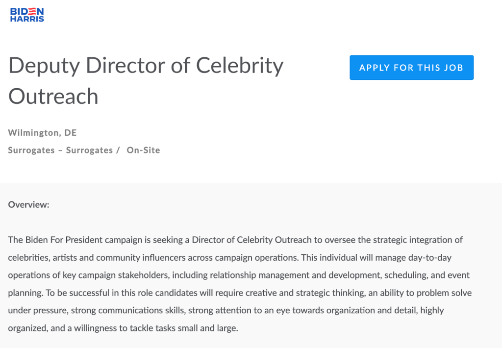 Biden campaign recruiting ‘director of celebrity outreach’