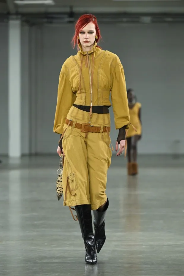 LONDON, ENGLAND - FEBRUARY 19: A model walks the runway at the KNWLS show during London Fashion Week February 2024 at on February 19, 2024 in London, England. (Photo by Stuart C. Wilson/Getty Images)