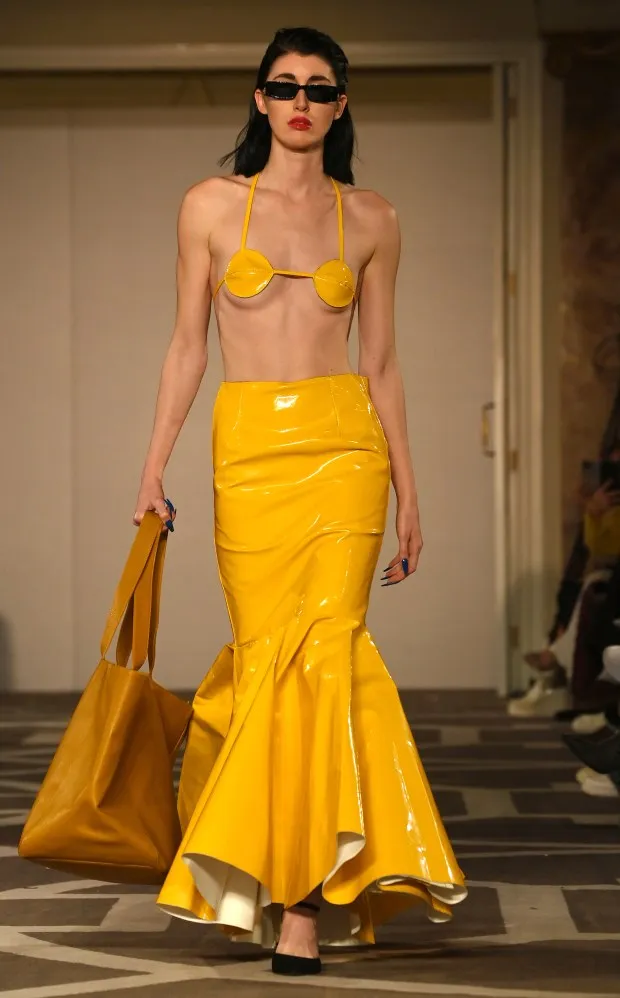 LONDON, ENGLAND - FEBRUARY 18: A model walks the runway at the Helen Anthony show during London Fashion Week February 2024 at Kimpton Fitzroy London on February 18, 2024 in London, England. (Photo by Eamonn M. McCormack/Getty Images)