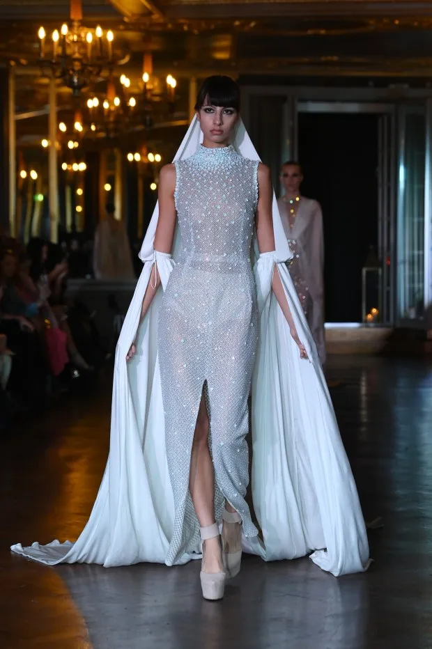 LONDON, ENGLAND - FEBRUARY 18: A model walks the runway at the Atelier Zuhra show during London Fashion Week February 2024 at Cafe Royal on February 18, 2024 in London, England. (Photo by Eamonn M. McCormack/Getty Images)