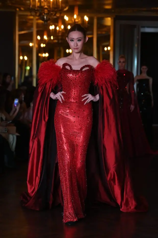 LONDON, ENGLAND - FEBRUARY 18: A model walks the runway at the Atelier Zuhra show during London Fashion Week February 2024 at Cafe Royal on February 18, 2024 in London, England. (Photo by Eamonn M. McCormack/Getty Images)