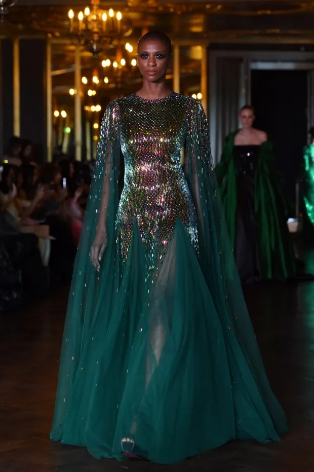 LONDON, ENGLAND - FEBRUARY 18: A model walks the runway at the Atelier Zuhra show during London Fashion Week February 2024 at Cafe Royal on February 18, 2024 in London, England. (Photo by Eamonn M. McCormack/Getty Images)