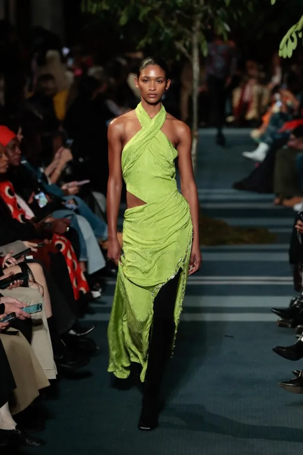 LONDON, ENGLAND - FEBRUARY 17: A model walks the runway at the Ahluwalia show during London Fashion Week February 2024 at Central Hall Westminster on February 17, 2024 in London, England. (Photo by John Phillips/Getty Images)