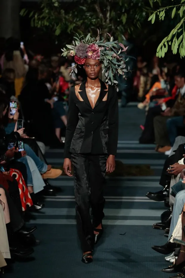 LONDON, ENGLAND - FEBRUARY 17: A model walks the runway at the Ahluwalia show during London Fashion Week February 2024 at Central Hall Westminster on February 17, 2024 in London, England. (Photo by John Phillips/Getty Images)