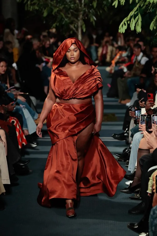 LONDON, ENGLAND - FEBRUARY 17: A model walks the runway at the Ahluwalia show during London Fashion Week February 2024 at Central Hall Westminster on February 17, 2024 in London, England. (Photo by John Phillips/Getty Images)