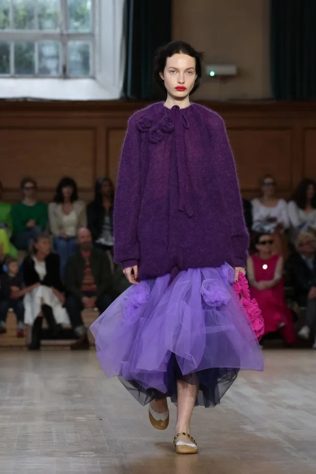 LONDON, ENGLAND - FEBRUARY 17: A model walks the runway at the Molly Goddard show during London Fashion Week February 2024 on February 17, 2024 in London, England. (Photo by Tristan Fewings/Getty Images)