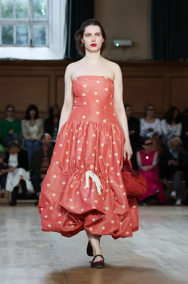 LONDON, ENGLAND - FEBRUARY 17: A model walks the runway at the Molly Goddard show during London Fashion Week February 2024 on February 17, 2024 in London, England. (Photo by Tristan Fewings/Getty Images)