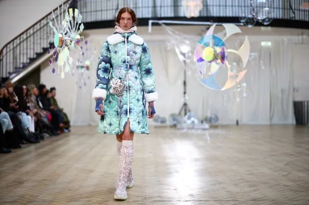 A model presents a creation by London-based designer Susan Fang during the Autumn/Winter 2024 collection catwalk presentation during London Fashion Week in London on February 19, 2024. (Photo by HENRY NICHOLLS / AFP) (Photo by HENRY NICHOLLS/AFP via Getty Images)