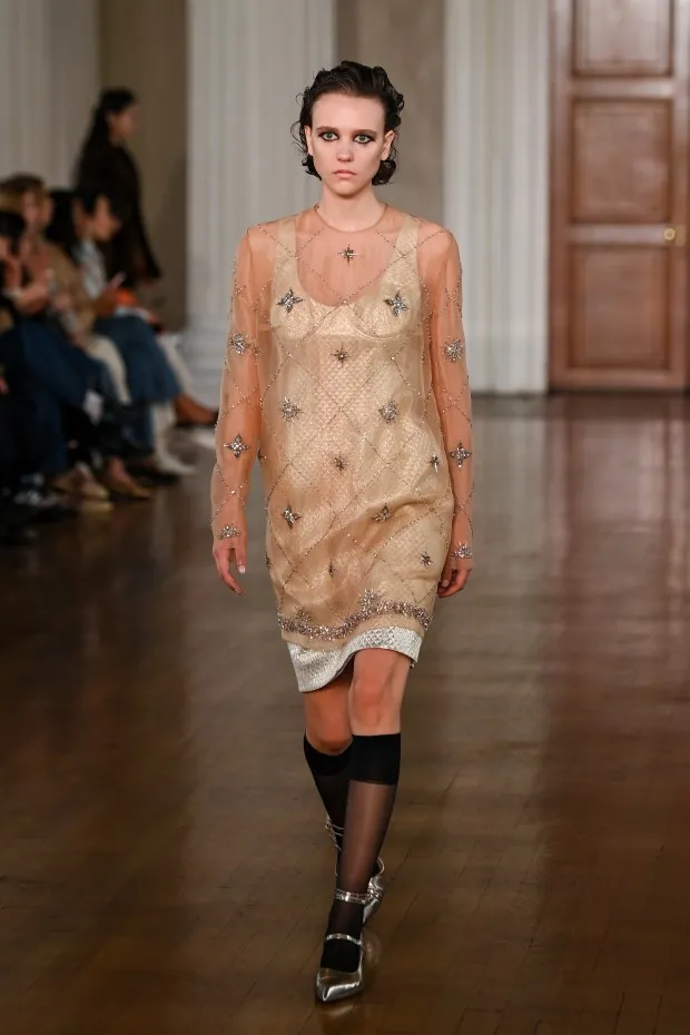 LONDON, ENGLAND - FEBRUARY 16: A model walks the runway at the Huishan Zhang show during London Fashion Week February 2024 on February 16, 2024 in London, England. (Photo by Eamonn M. McCormack/Getty Images)