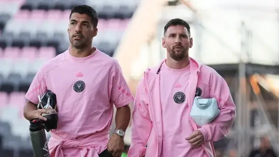 Inter Miami CF forward Luis Suarez (9) and forward Lionel Messi (10) ahead of a pre-season match.(USA TODAY Sports via Reuters Con)