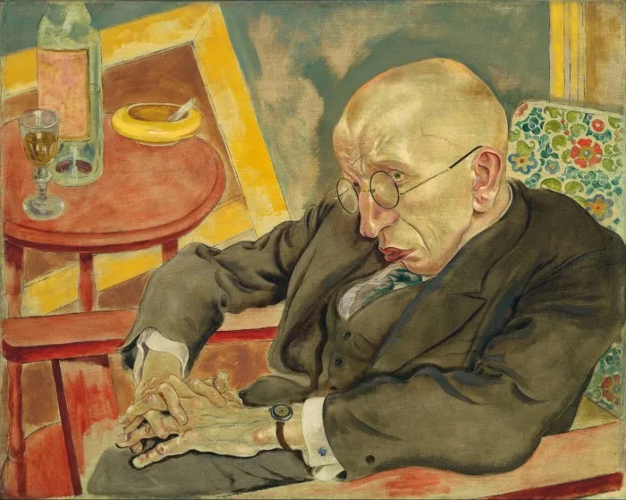 George Grosz’s portrait of his friend Max Herrmann–Neisse: a bald, bespectacled man sitting in profile in a floral green armchair