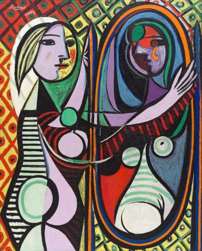 Picasso’s ‘Girl before a Mirror’: a Cubist-style composition of a woman looking at her darkened reflection in a mirror