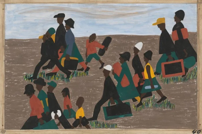 Panel 40 of ‘The Migration Series’ by Jacob Lawrence: ‘The Migrants Arrived in Great Numbers’