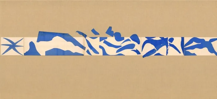 Matisse’s ‘The Swimming Pool’: a long and thin pale-orange strip bisecting a beige background, with blue cut-outs of swimmers and sea creatures placed on it