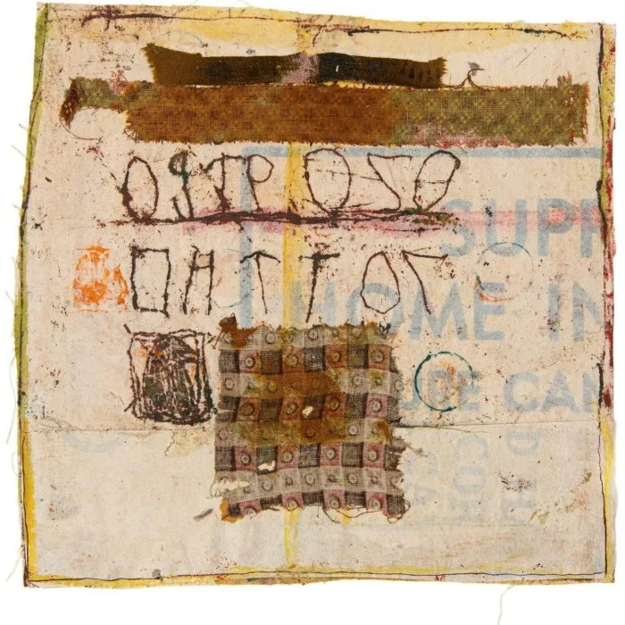 A rectangular mixed-media collage features shapes, muted colours and indecipherable writing
