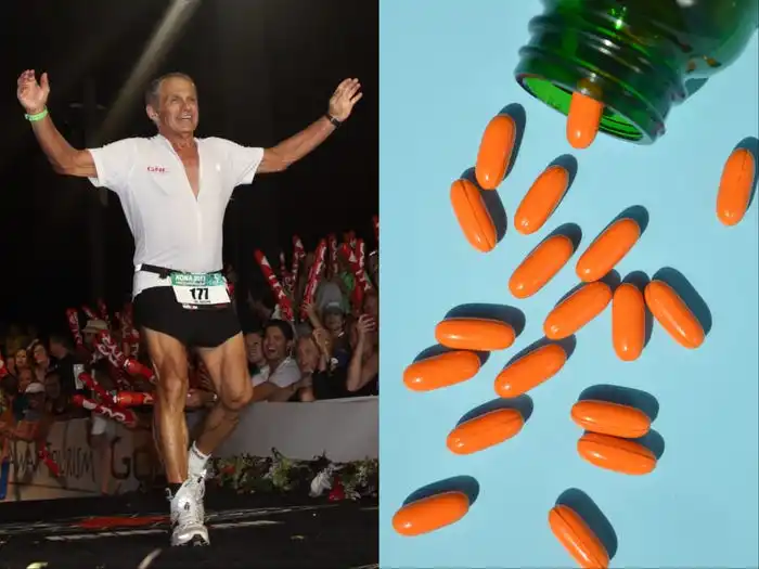 Dr. Joseph Maroon crossing the finish line at an Ironman Triathlon, and a picture of pills spilling out of a bottle.