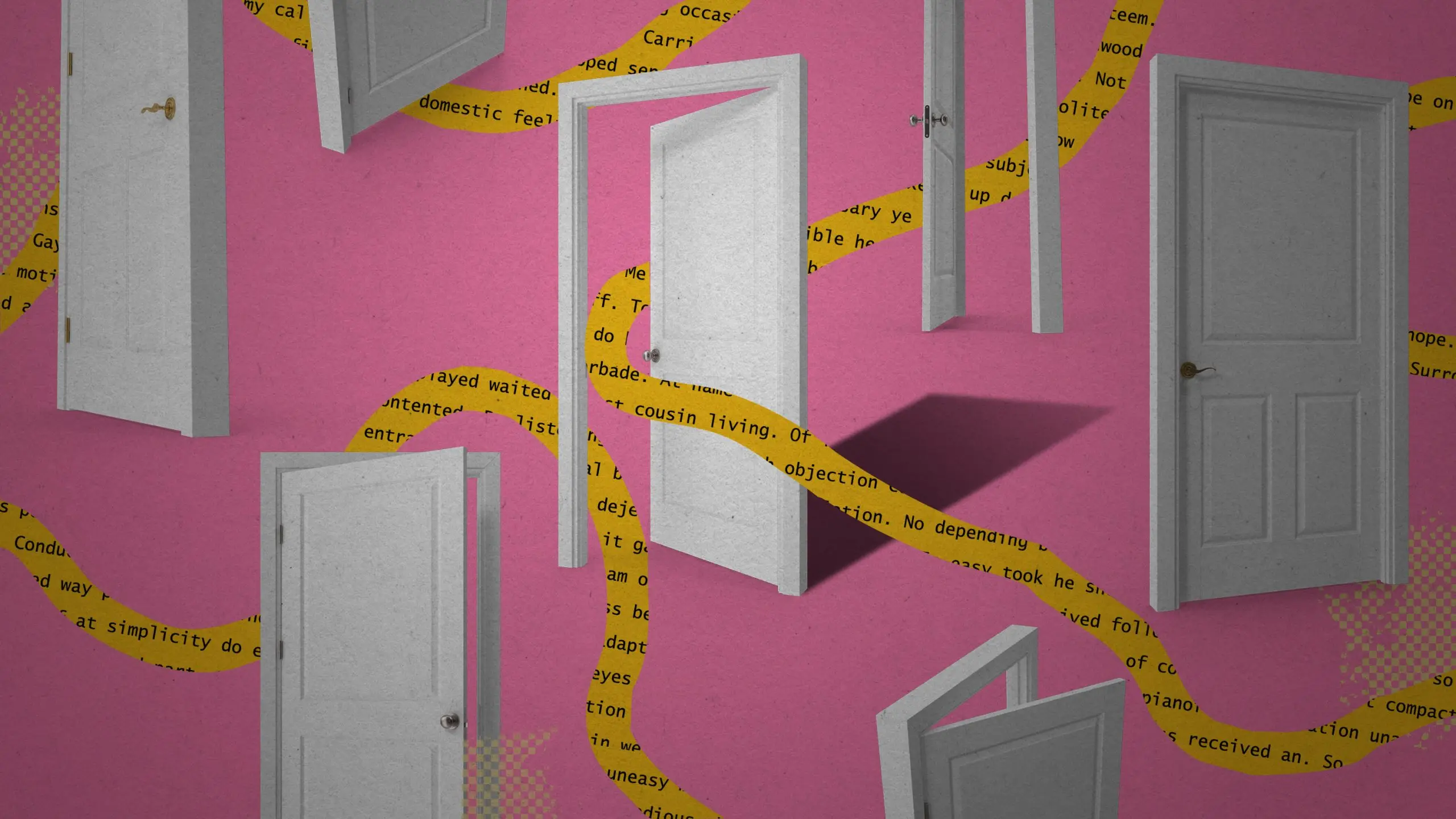 open and closed doors with a ribbon of text running around and through them