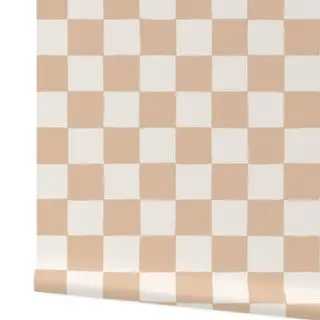 A white and beige checkerboard peel and-stick wallpaper roll