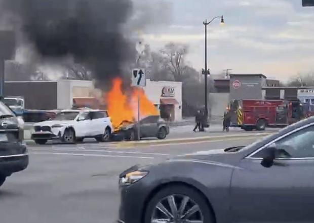 Crash leads to raging car fire in north Chicago suburb