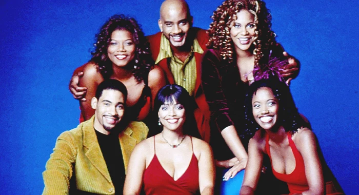 Queen Latifah, John Henton, Kim Coles; bottom from left: Mel Jackson, Kim Fields, and Erika Alexander in Living Single