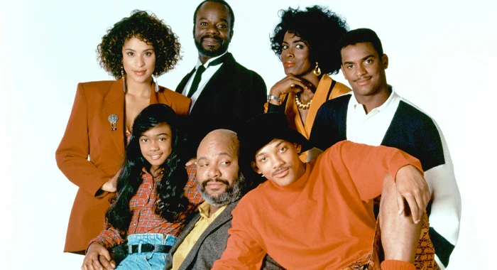 Tatyana Ali, James Avery, Will Smith, Karyn Parsons, Joseph Marcell, Janet Hubert, and Alfonso Ribeiro in The Fresh Prince of Bel-Air