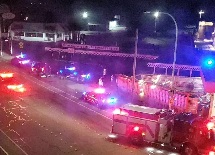 Scene of a car versus building incident in the 300 block of N Samish Way (February 18, 2024). Photo courtesy of Cyndi Ackerson