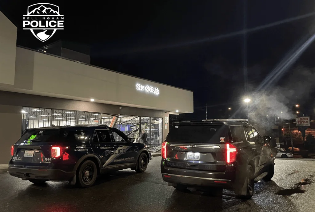 Scene of a car versus building incident in the 100 block of N Samish Way (February 20, 2024). Photo courtesy of Bellingham Police