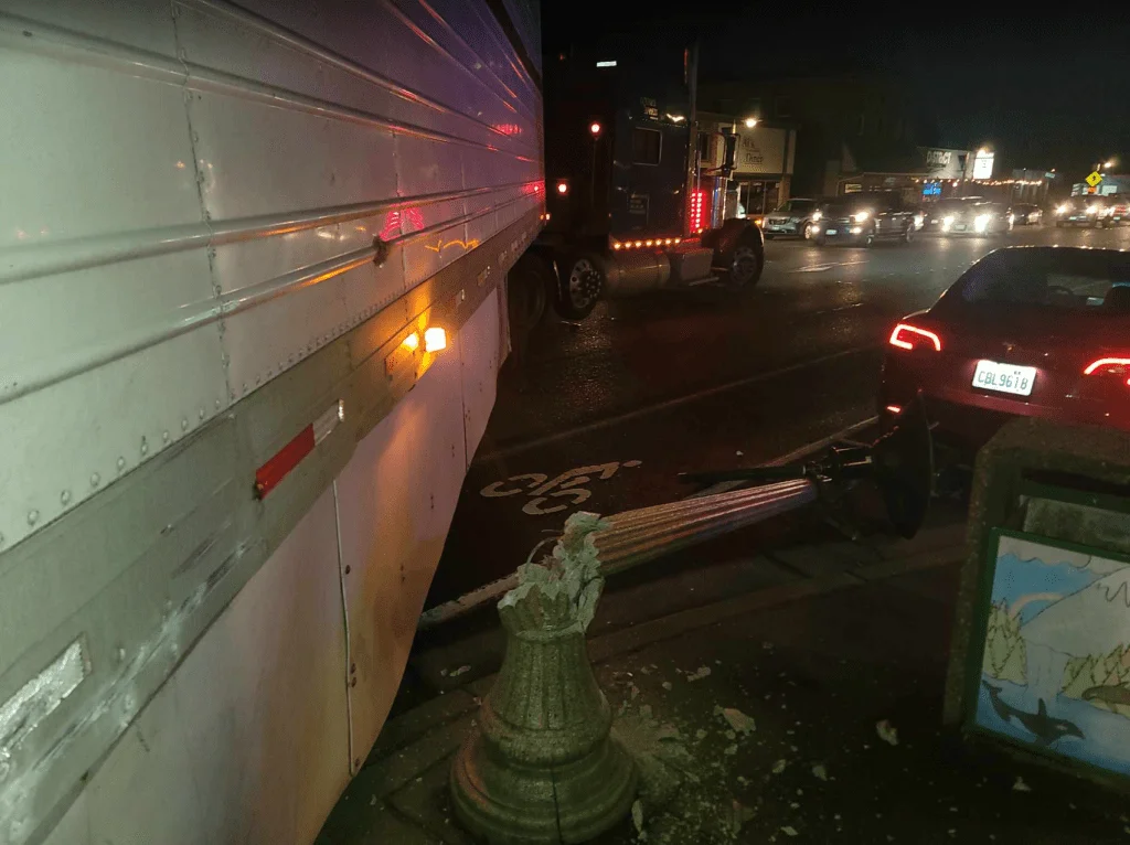 Scene of a semi-truck and trailer vs light standard in Ferndale (February 20, 2024). Photo courtesy of Alan Hamilton