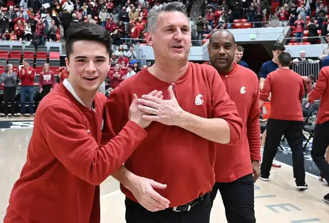 Washington State Cougars head coach Kyle Smith celebrates after a game against the Arizona Wildcats at Friel Court at Beasley Coliseum.