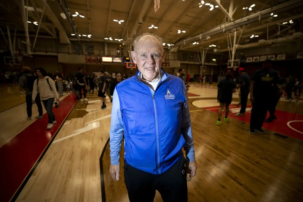 NBA coach George Karl helps out with Rise Above Basketball's clinic at the University of Denver. Jan. 28, 2024.