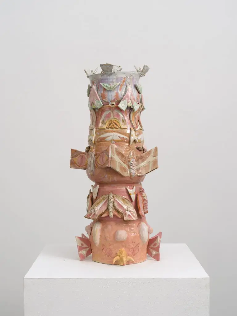 glazed porcelain & stoneware, acrylic enamel & epoxy with moth motifs