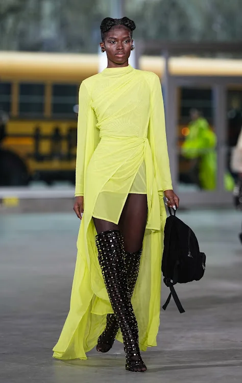 A model walks the runway at the Lapointe show during New York Fashion Week.