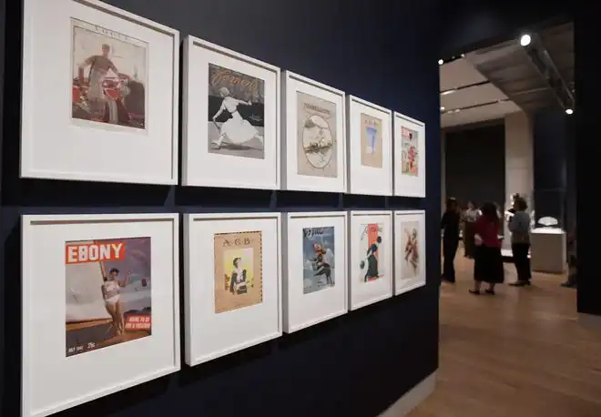 A display of vintage magazine covers showing women in sporting outfits. The newest exhibit at The Cummer Museum of Art and Gardens, Sporting Fashion: Outdoor Girls 1800 to 1960 opened Wednesday, February 28, 2024. The exhibit is made up of 65 ensembles of women's clothing and other related accessories designed, starting in the early 1900s to simply allow women to get outside to walk and garden and as more opportunities opened up, more activity specific clothing was designed with Western cultural expectations taken into account. The exhibit was organized by the American Federation of the Arts and FIDM Museum of the Fashion Institute of Design & Merchandising in Los Angeles.