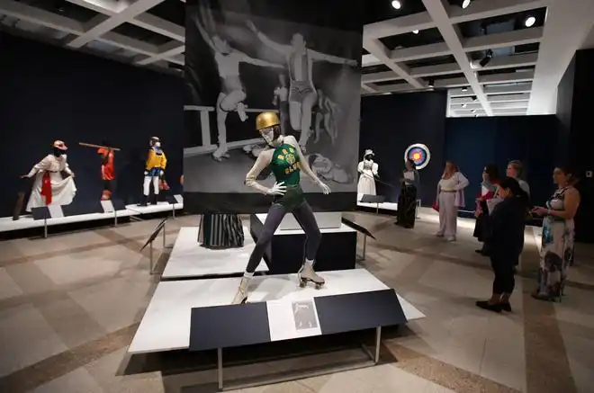 A roller derby outfit takes center stage in one of the show galleries at The Cummer. The newest exhibit at The Cummer Museum of Art and Gardens, Sporting Fashion: Outdoor Girls 1800 to 1960 opened Wednesday, February 28, 2024. The exhibit is made up of 65 ensembles of women's clothing and other related accessories designed, starting in the early 1900s to simply allow women to get outside to walk and garden and as more opportunities opened up, more activity specific clothing was designed with Western cultural expectations taken into account. The exhibit was organized by the American Federation of the Arts and FIDM Museum of the Fashion Institute of Design & Merchandising in Los Angeles.