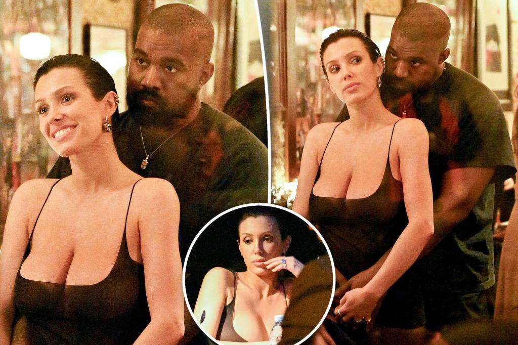 Bianca Censori cuddles up to Kanye West in sheer tank top and tights…