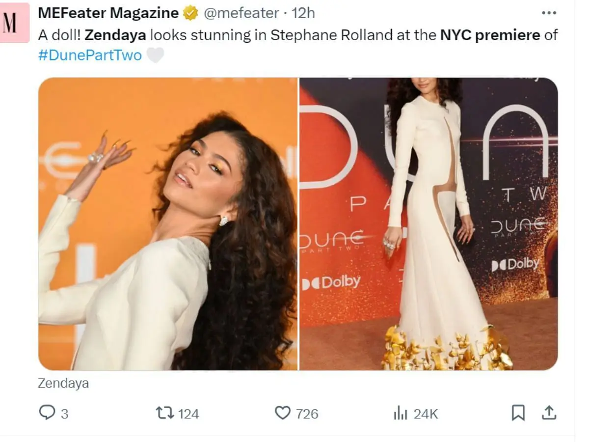 Fans exclaim over Zendaya's look for the Dune 2 NYC premiere (Image via Twitter/@mefeater)