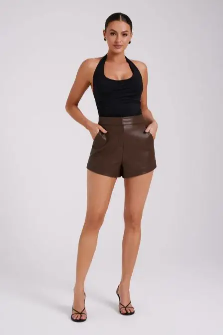 Meshki Faux Leather Shorts - Dark Brown