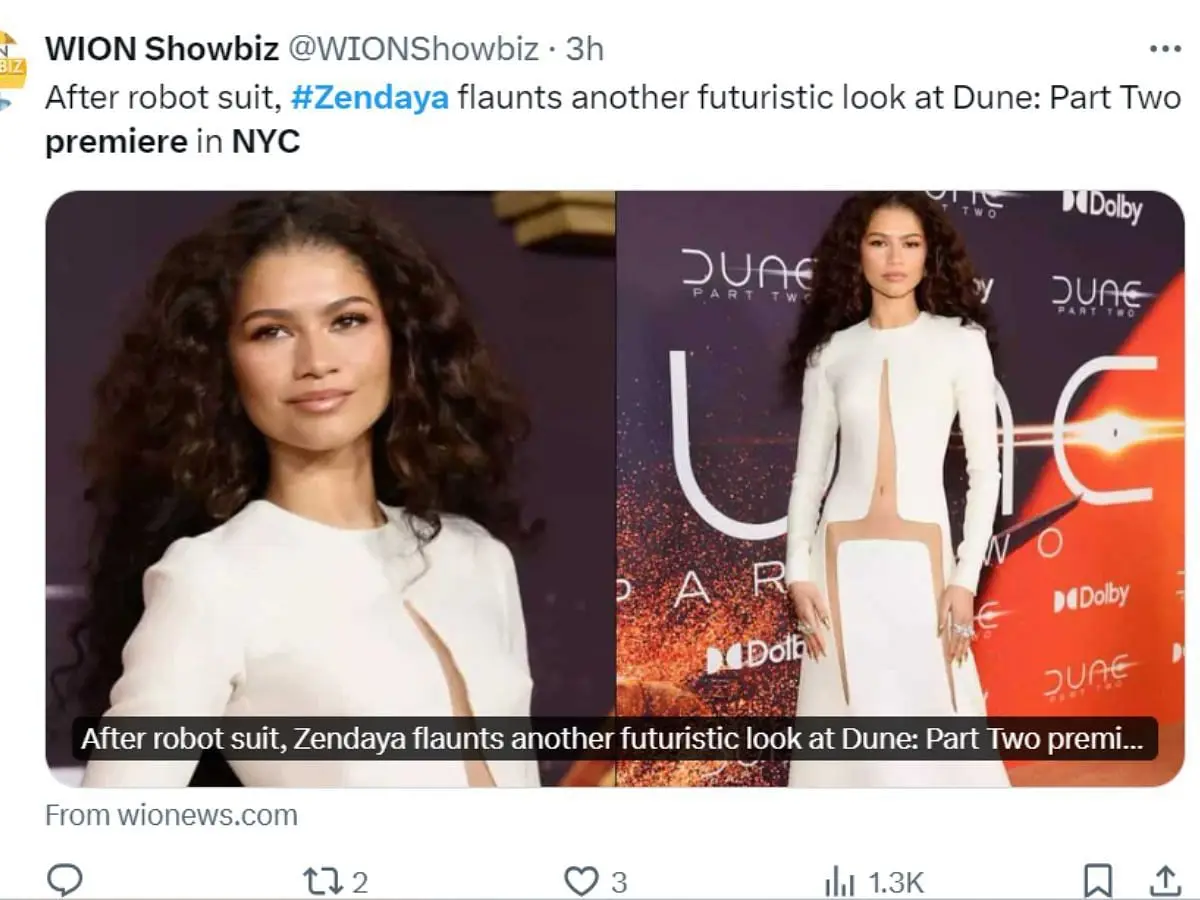 Fans exclaim over Zendaya's look for the Dune 2 NYC premiere (Image via Twitter/@WIONShowbiz)