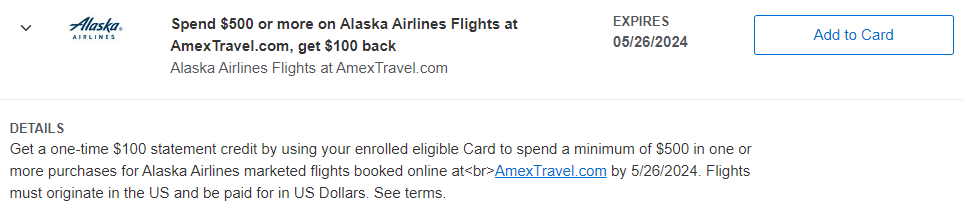 $100 back on $500 or more on Alaska Airlines via Amex Travel w/ new targeted Amex Offer [enrollment required]