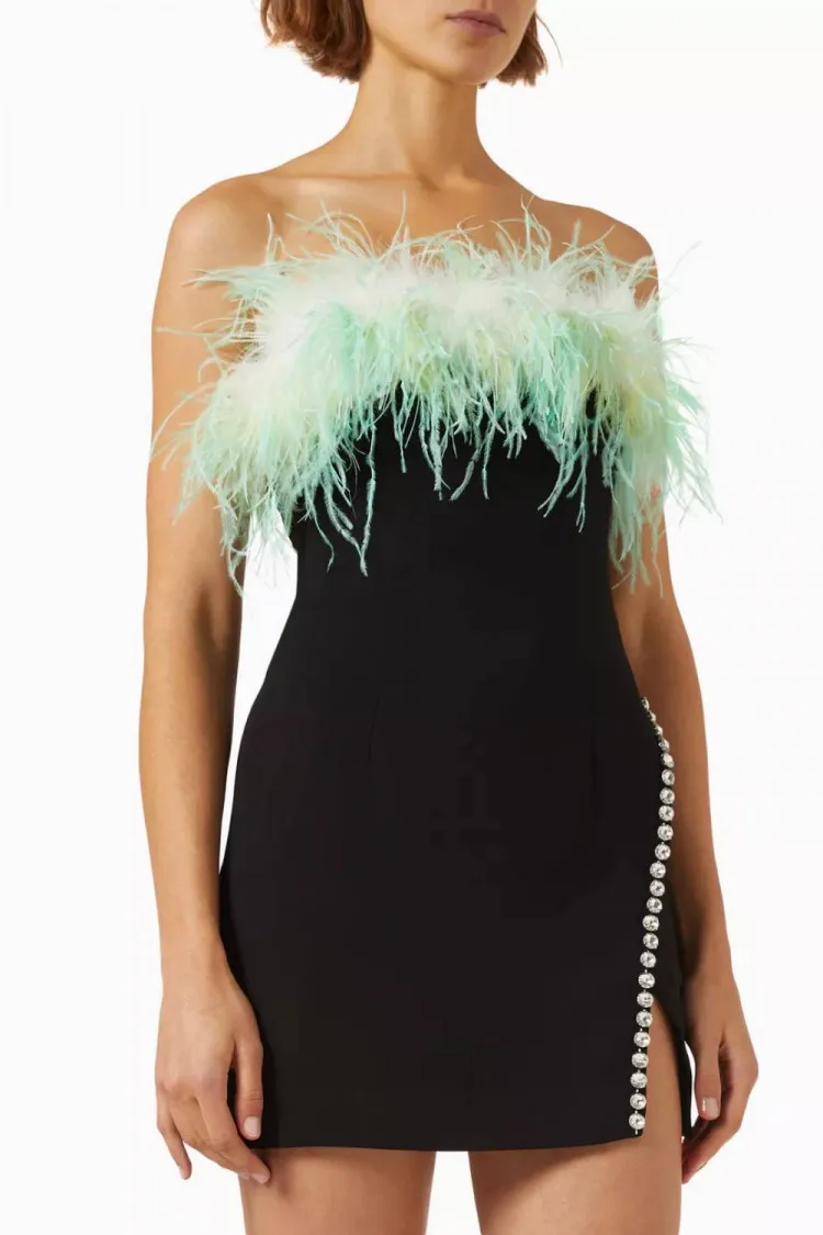 Feather-trimmed mini dress in crepe, Self-Portrait