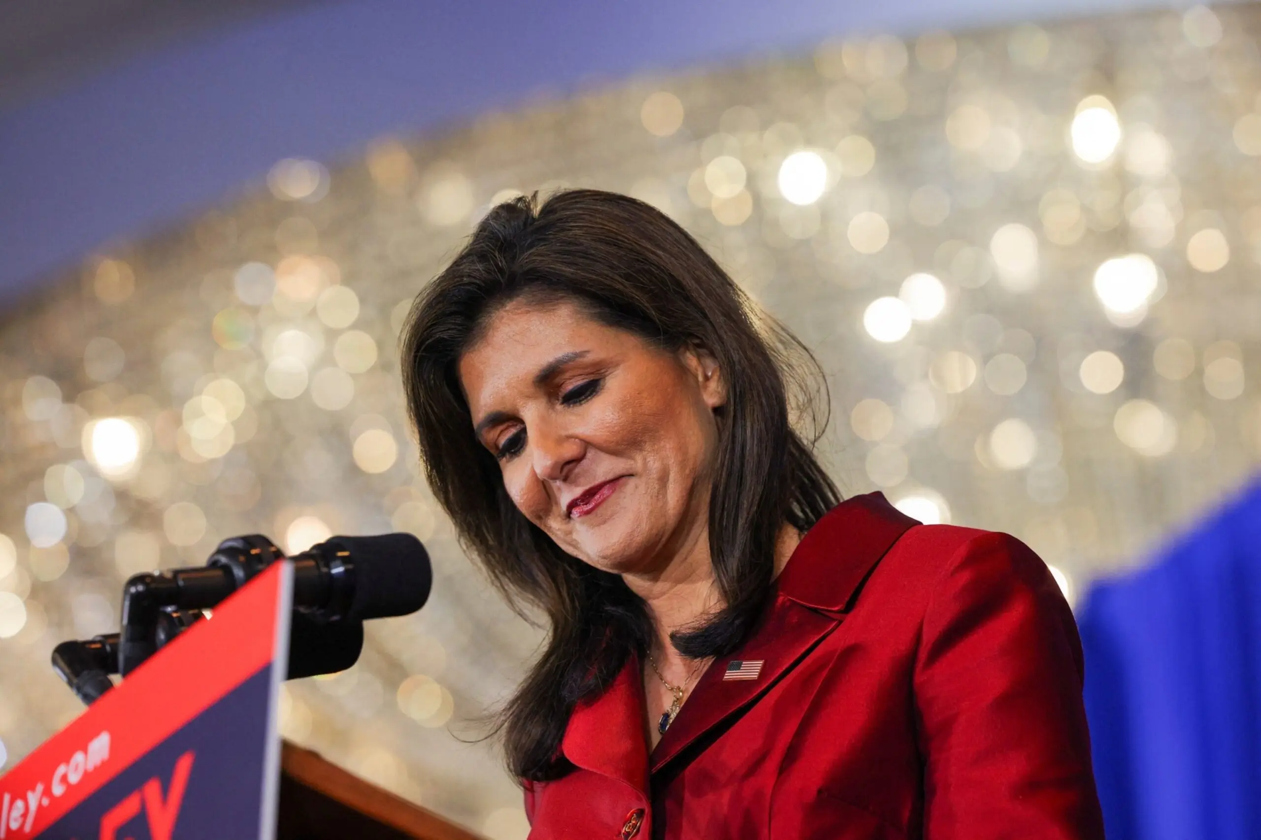 PHOTO: Republican presidential candidate Nikki Haley hosts a watch party during the South Carolina Republican presidential primary election, in Charleston