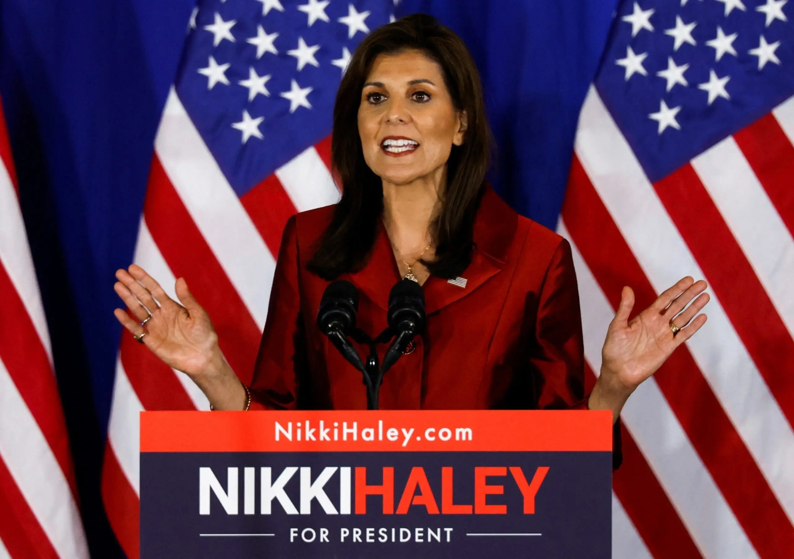 PHOTO: Republican presidential candidate Nikki Haley hosts a watch party during the South Carolina Republican presidential primary election, in Charleston