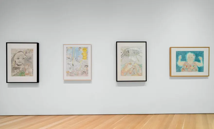Four framed rectangular art works by Elizabeth Layton displayed on a white wall. 