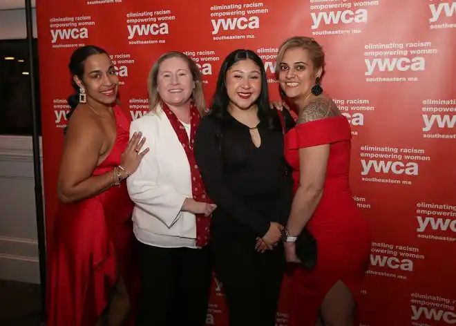 Carla Fernandes, Nicole Kelly, Fatima Galarza and Savannah Duarte enjoy the evening at the YWCA 21st Annual Red Dress Fashion Show held Thursday, February 29, 2024 at the Century House in Acushnet.