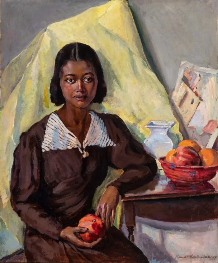 Painting of young black woman in black dress sitting at table holding pomegranate